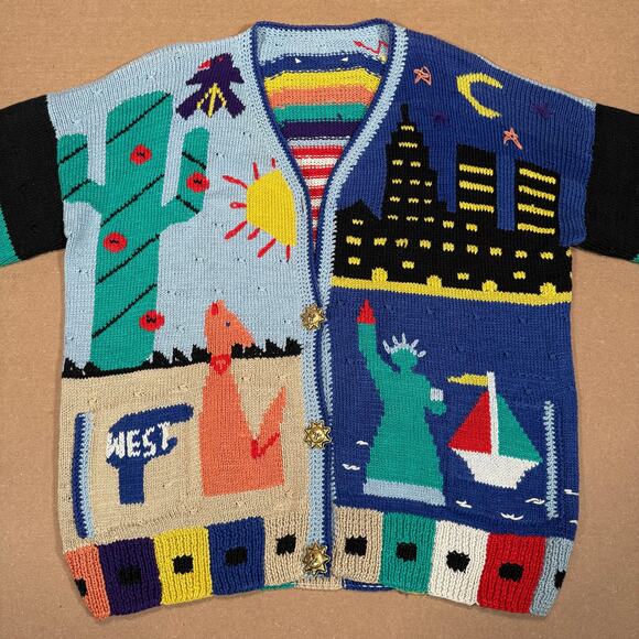 Vintage Teacher Americana Knit Cardigan USA Statue of Liberty Southwest Scene XL - Picture 4 of 8
